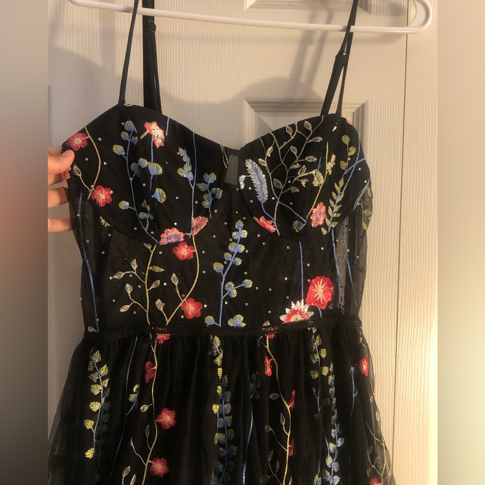 City Studios Juniors Embroidered Illusion Corset Gown.